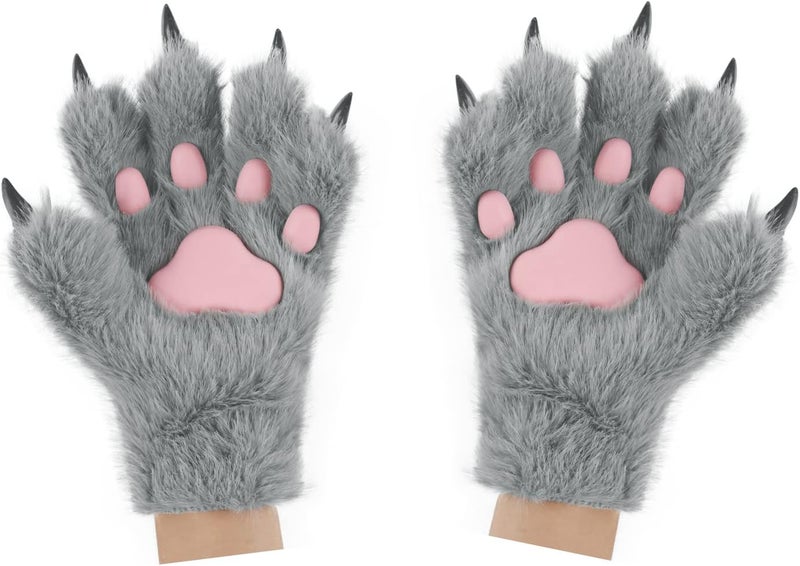HAOAN Wolf Paw Gloves Faux Fur Cat Fingerless Mittens Winter Warm Cosplay Halloween Fancy Party Costume Accessories - Image 1
