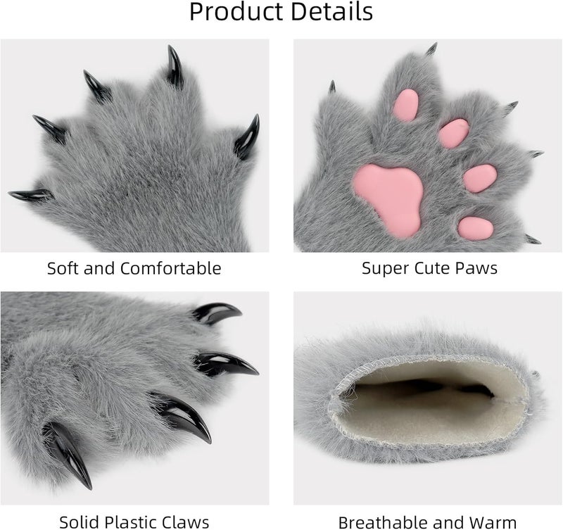HAOAN Wolf Paw Gloves Faux Fur Cat Fingerless Mittens Winter Warm Cosplay Halloween Fancy Party Costume Accessories - Image 3