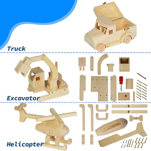 Easy Playhouse Wood Building Toy Kit DIY 3 Vehicle Projects Helicopter Truck Excavator 12 Paint Colors 2 Brushes Arts Craft Set Kids 8 - Image 5
