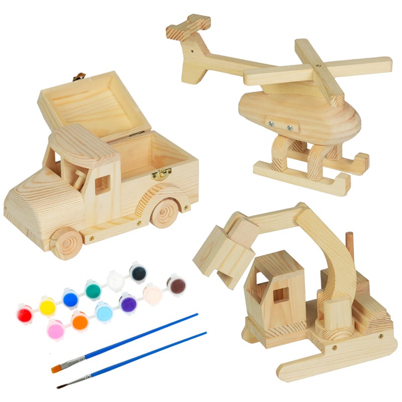 Easy Playhouse Wood Building Toy Kit DIY 3 Vehicle Projects Helicopter Truck Excavator 12 Paint Colors 2 Brushes Arts Craft Set Kids 8 - Image 3