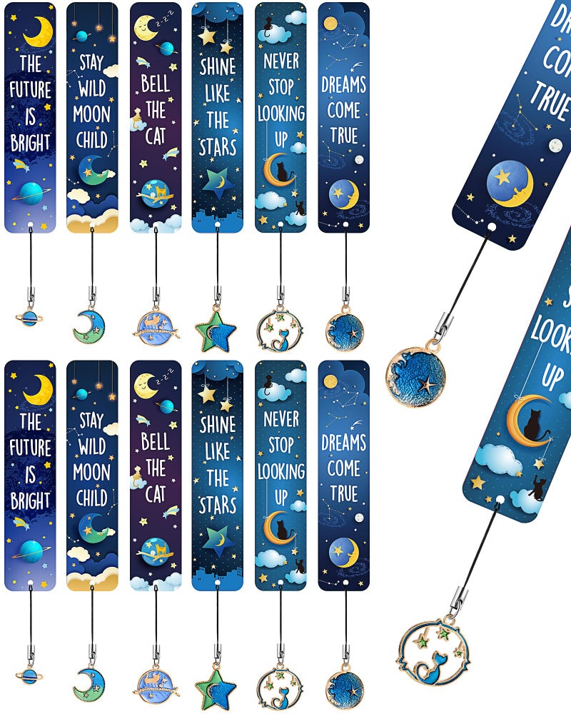 Zonon 12 Pcs Space Bookmarks with Metal Charms Cat Moon Star Celestial Bookmarks for Children Inspirational Quotes Gift for Girls Boys Kids School Prize Reading Lovers PresentNovelty Style