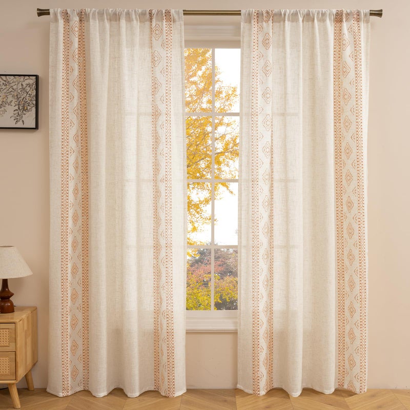 ColorBird Linen Boho Curtains Burnt Orange Striped 84 Inches Long Fall Vintage Western Window Treatment Patterned Drapes 2 Panels for Living Room Bedroom Dining Room Closet Boho Chic Decor - Image 1