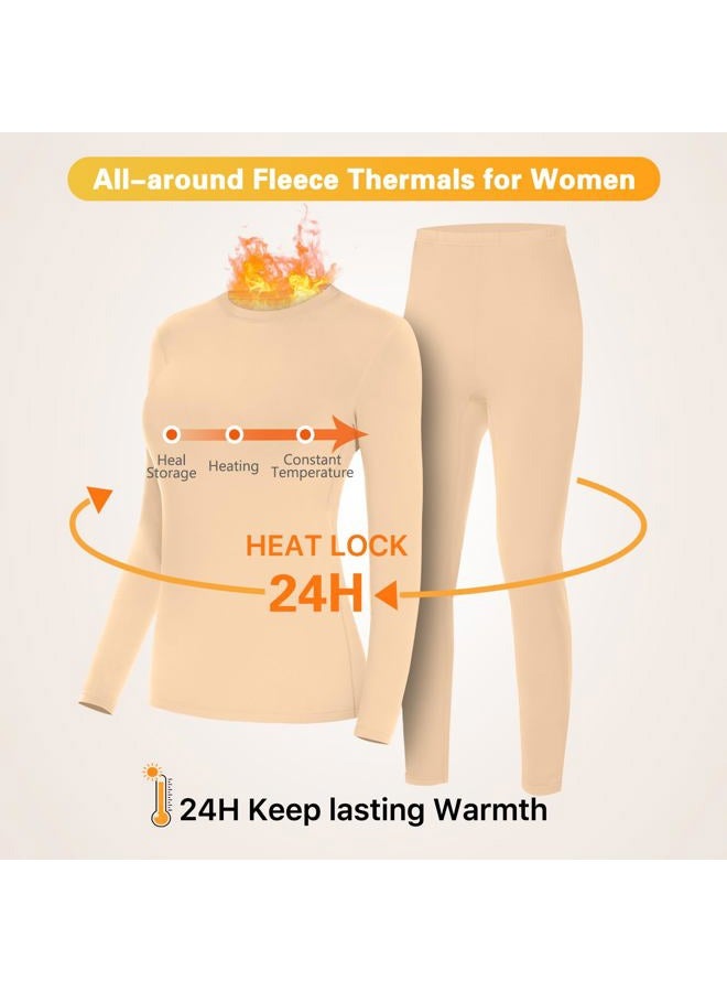 SIMIYA Thermal Underwear Set for Women Long Johns with Fleece Lined Long Sleeves Base Layer Set Top Bottom, Nude, XL - Image 4