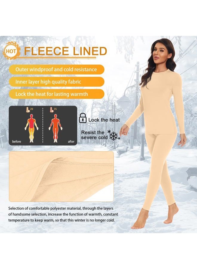 SIMIYA Thermal Underwear Set for Women Long Johns with Fleece Lined Long Sleeves Base Layer Set Top Bottom, Nude, XL - Image 3