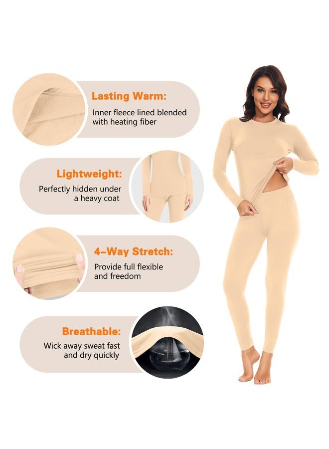 SIMIYA Thermal Underwear Set for Women Long Johns with Fleece Lined Long Sleeves Base Layer Set Top Bottom, Nude, XL - Image 2