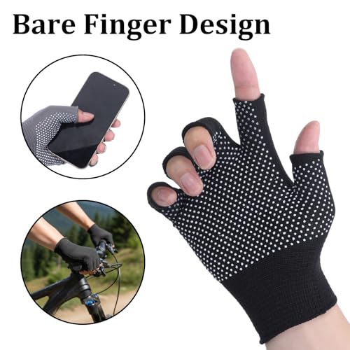 Zyghjort Half-Finger Slip Breathable Fingerless Work Gloves Lightweight Slip Fingerless Grip Gloves Non-slip Yoga Glove Exercise Work Glove for Cycling Motorcycle, Rowing Cycling Workout, 2 Pairs, Black, Grey - Image 2