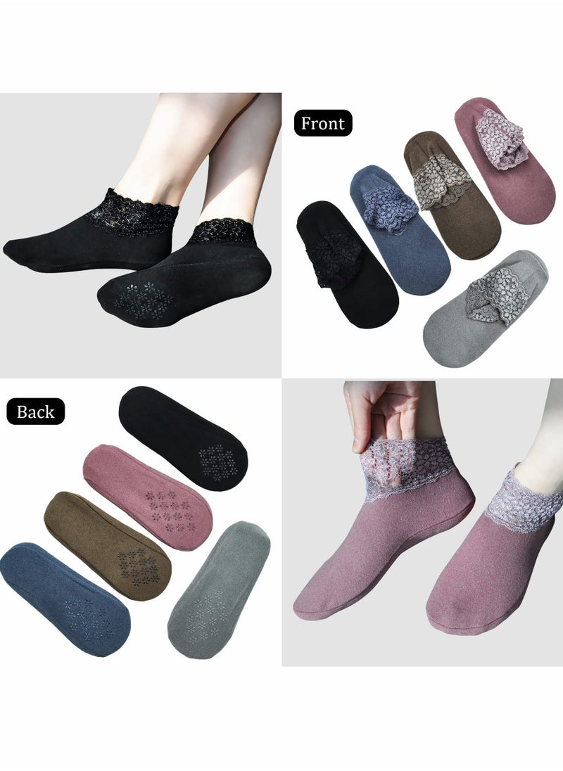 Excefore Lace Warm Socks, 5 Pairs No Show Socks, Lace Comfortable Thermal Cotton Ankle Boat Socks  - Image 3