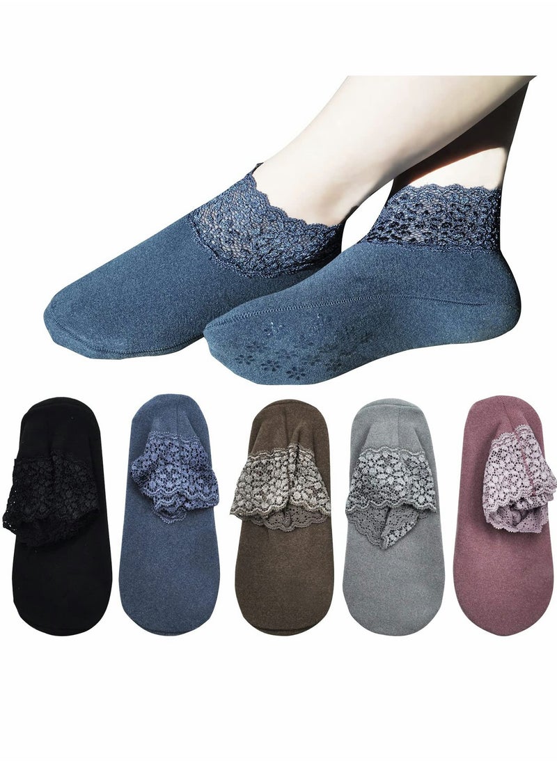 Excefore Lace Warm Socks, 5 Pairs No Show Socks, Lace Comfortable Thermal Cotton Ankle Boat Socks  - Image 1