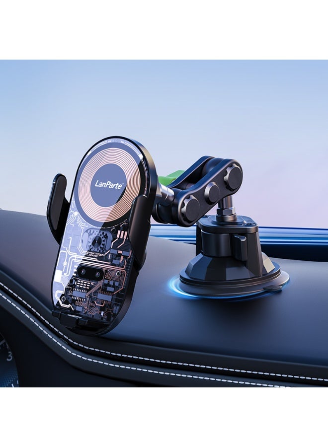 LanParte Flexible Auto-Clamping Car Dashboard Wireless Charging Phone Mount – 15W Fast Charging, Motorized Clip, 360° Rotation - Image 3