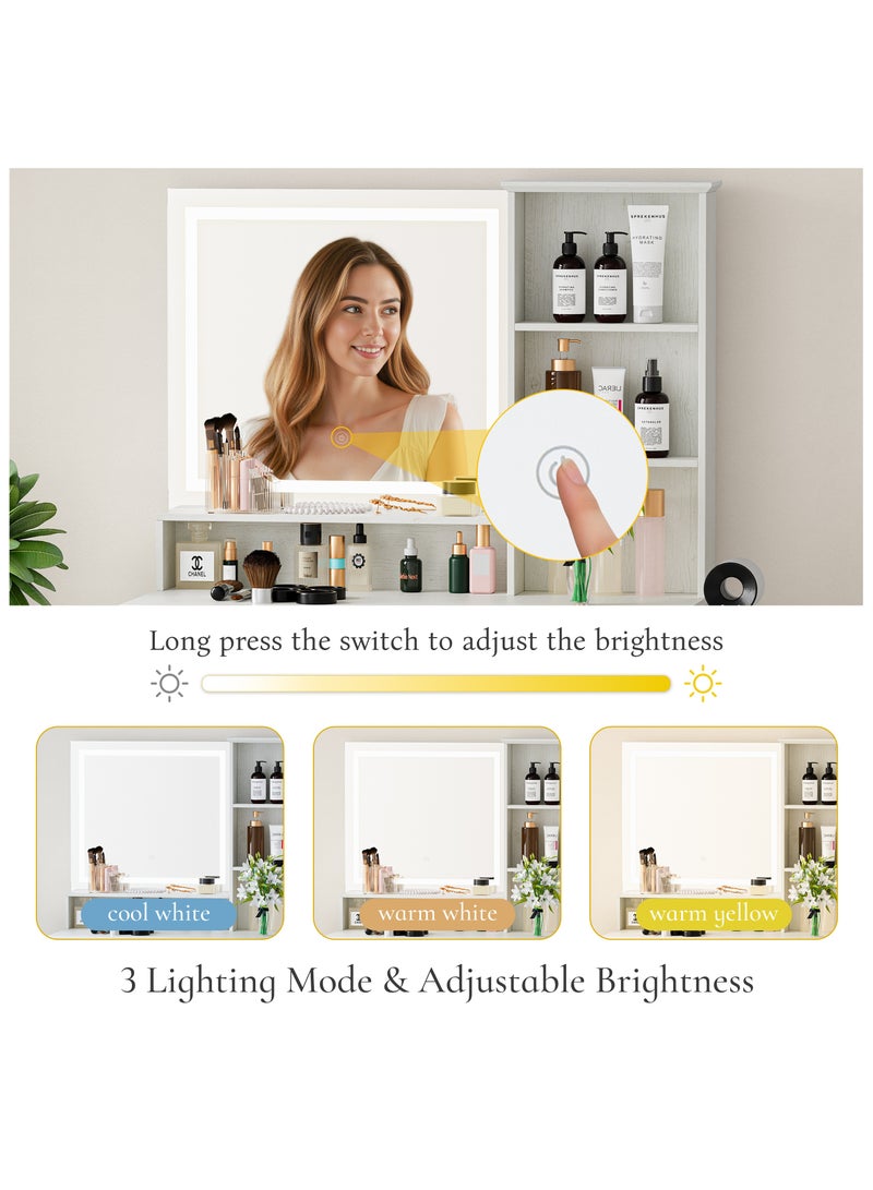 شوغوري منضدة مكياج بيضاء مزودة بمرآة وأضواء ومحطة شحن - سطوع قابل للتعديل، 3 ألوان إضاءة، 4 أدراج، مساحة تخزين واسعة - طاولة تجميل مزودة بأضواء LED - Image 3