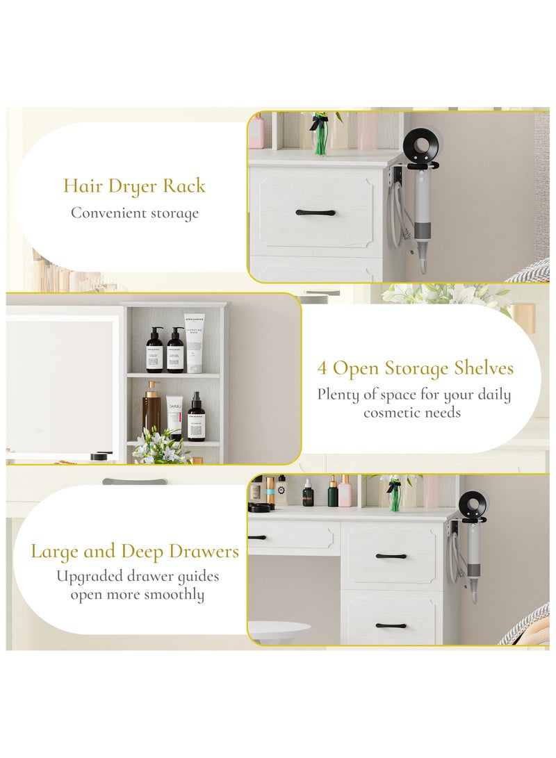 شوغوري منضدة مكياج بيضاء مزودة بمرآة وأضواء ومحطة شحن - سطوع قابل للتعديل، 3 ألوان إضاءة، 4 أدراج، مساحة تخزين واسعة - طاولة تجميل مزودة بأضواء LED - Image 5