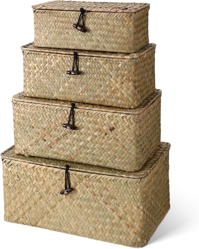Woanger Set of 4 Seagrass Basket with Lids Rattan Wicker Storage Basket Handwoven Decorative Storage Boxes with Lids Multipurpose Woven Basket Bins for Shelf Closet (Natural Color) - Image 1