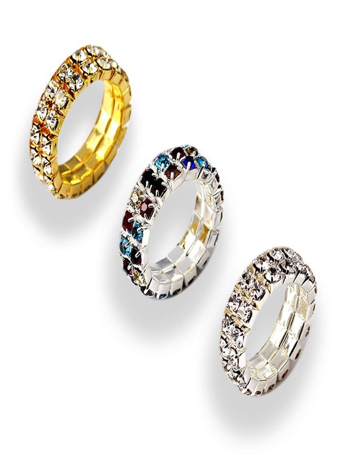 PPX 6 Pcs Rhinestone 1 Rows Crystals Inlaid Paved Jewelry Stretch Elastic Finger Ring for Women -Gold,Silver, Colorful - Image 1