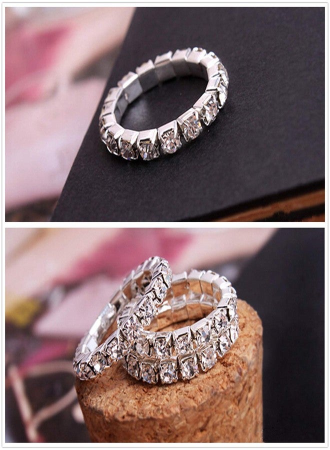PPX 6 Pcs Rhinestone 1 Rows Crystals Inlaid Paved Jewelry Stretch Elastic Finger Ring for Women -Gold,Silver, Colorful - Image 5