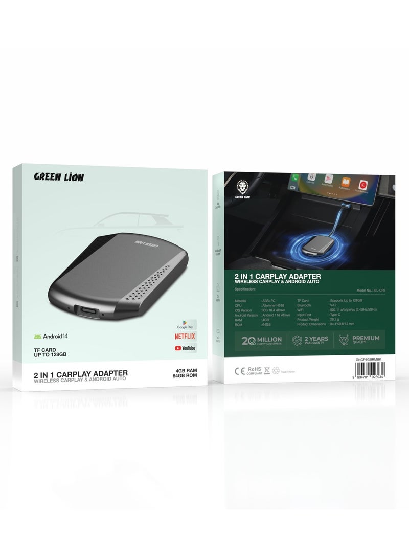 GREEN LION 2 IN 1 CarPlay Adapter 4GB RAM 16GB ROM / Wireless Car Play and Android Auto / Dual-Band WiFi & Bluetooth / Play Google Play, YouTube, Netflix / OTA Upgrades - Black - Image 3