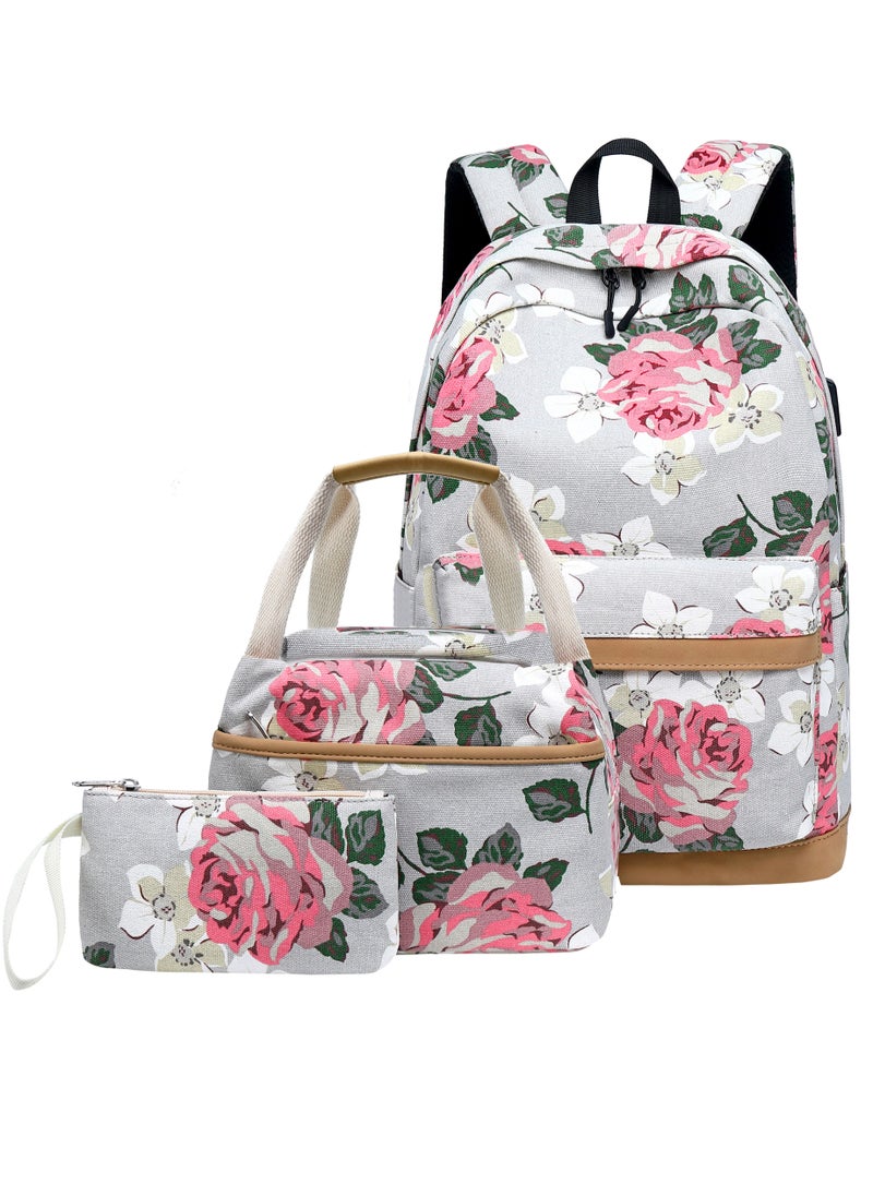 Loquat Printed Schoolbag Fashionable Three-Piece Backpack For Girls Grey  - Image 1