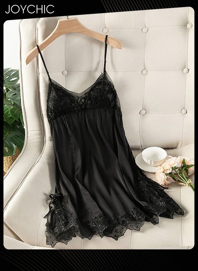 Joychic Solid Colour Sweet Pajamas for Women Spring and Autumn Ice Silk Breathable Suspenders Nightgown Backless Evening Dress with Adjustable Straps Black - Image 1