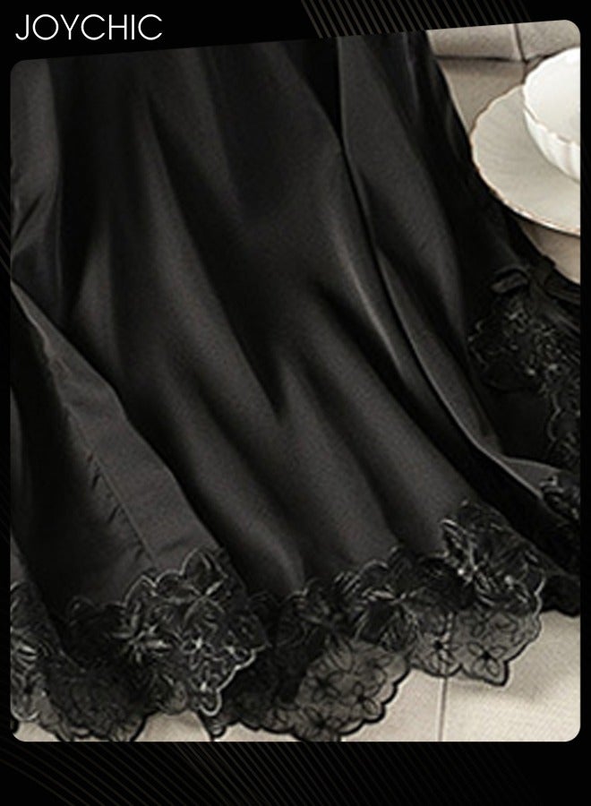 Joychic Solid Colour Sweet Pajamas for Women Spring and Autumn Ice Silk Breathable Suspenders Nightgown Backless Evening Dress with Adjustable Straps Black - Image 3