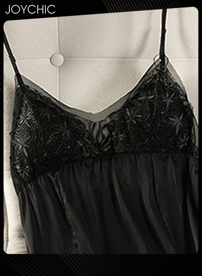 Joychic Solid Colour Sweet Pajamas for Women Spring and Autumn Ice Silk Breathable Suspenders Nightgown Backless Evening Dress with Adjustable Straps Black - Image 2