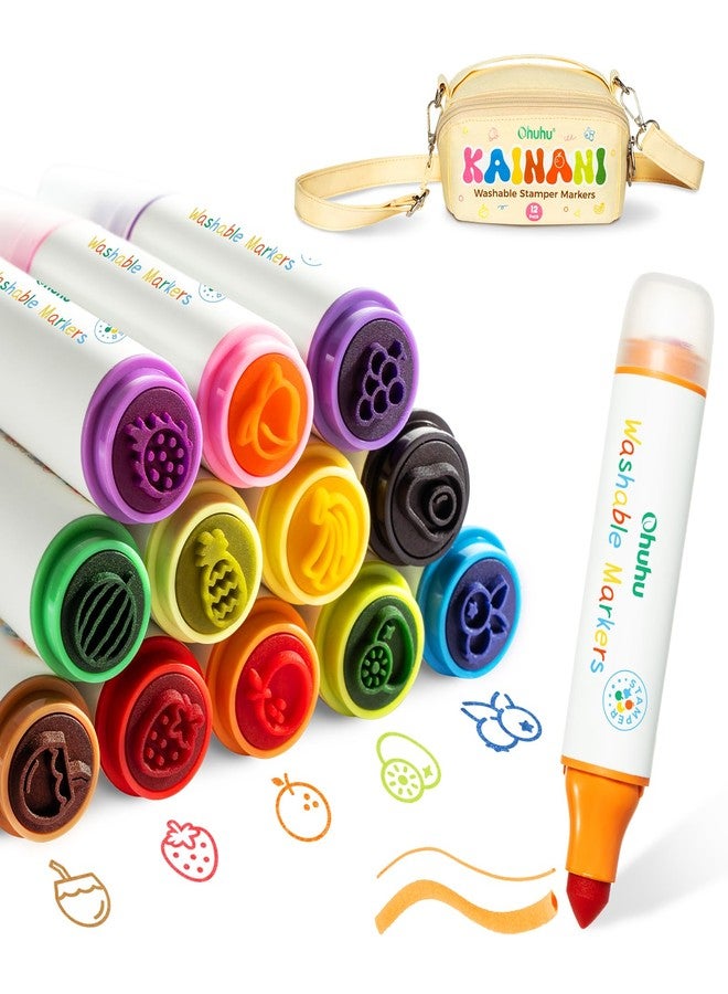 Ohuhu Stamper Washable Markers for Kids 12 Colors Water-based Dual Tips Stamp & Broad Line Tip Kids Markers Coloring Markers for Kids Preschool Classroom Supplies Age 3+ - Kainani - Image 1