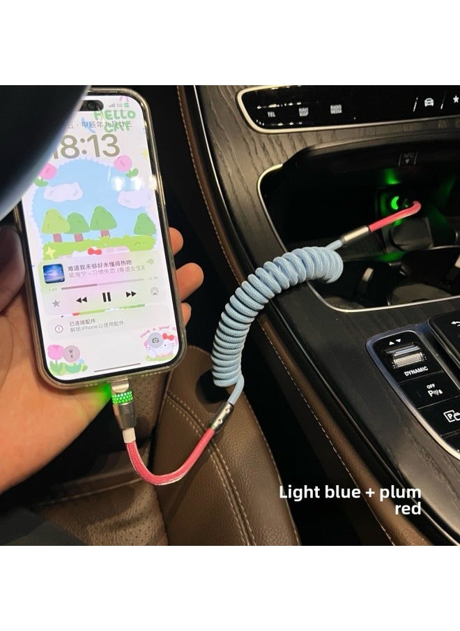 Generic - Car RGB Gradient Luminous Fishing Net Braided Spring Wire For Iphone 15/16carplay Data Charging Line-Color:Usb Supports 6-14 Slow Charging For Iphone 12w-Model:Fishing Net Braided Line [light Blue + Rose Red] Silver Bee Net Luminous Shell - Image 1