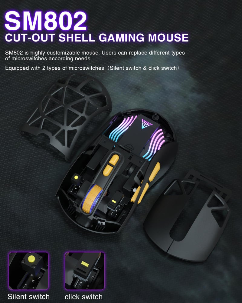 SOLAKAKA SM802 Wireless Gaming Mouse,10000 DPI,Tri-Mode Wired/BT 5.0/2.4GHz Wireless Mouse with Side Button, RGB Programmable Macro Mouse for Laptop (Black) - Image 5