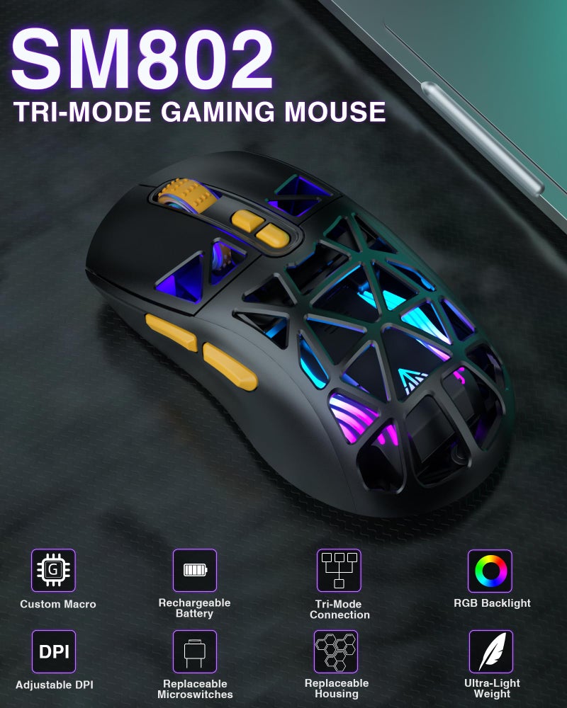 SOLAKAKA SM802 Wireless Gaming Mouse,10000 DPI,Tri-Mode Wired/BT 5.0/2.4GHz Wireless Mouse with Side Button, RGB Programmable Macro Mouse for Laptop (Black) - Image 2