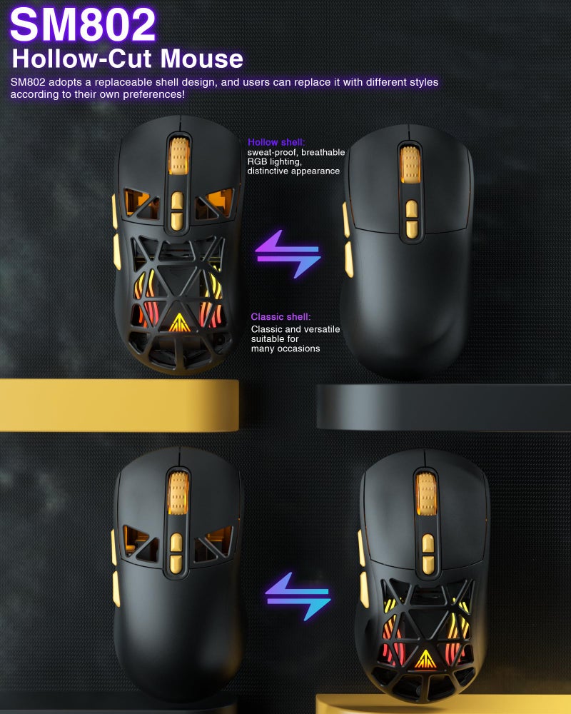 SOLAKAKA SM802 Wireless Gaming Mouse,10000 DPI,Tri-Mode Wired/BT 5.0/2.4GHz Wireless Mouse with Side Button, RGB Programmable Macro Mouse for Laptop (Black) - Image 4
