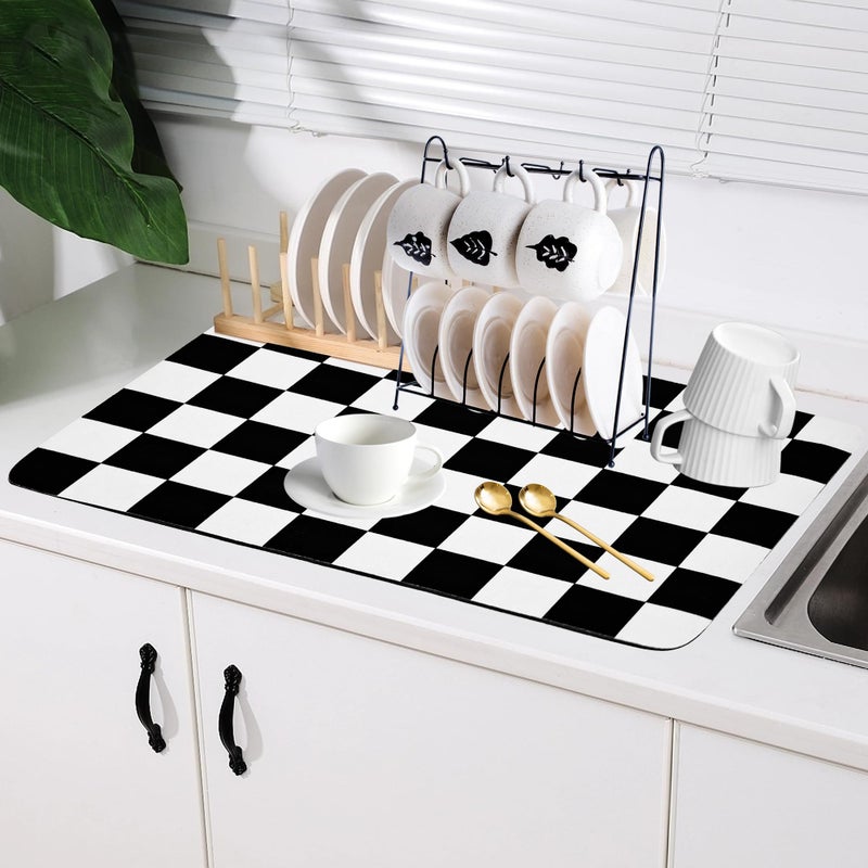 FUULOXE Coffee Mat Checkered Dish Drying Pad for Kitchen Pet Placemat Absorbent Quick Dry Washable Anti-slip Rubber Backed Mats for Kitchen Counter Coffee Bar Bathroom Bedroom 12" x 19" - Image 1