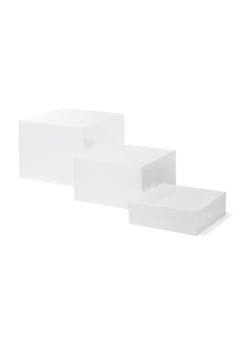 Set of 3 Glossy White Acrylic Cube Nesting Risers with Hollow Bottoms Perfect Modern Design Dice Display Blocks for Photo Prop, Trophies, Artefacts, and Decorations