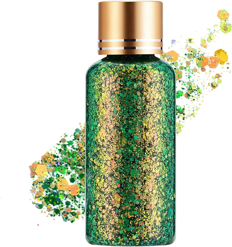 KIMIEYE Holographic Body Glitter Gel for Face, Body, Nail, Super Long Lasting Waterproof Quick Dry Liquid Chunky Green Glitter for St. Patrick's Day Makeup Accessories, 1oz (Brass Green) 