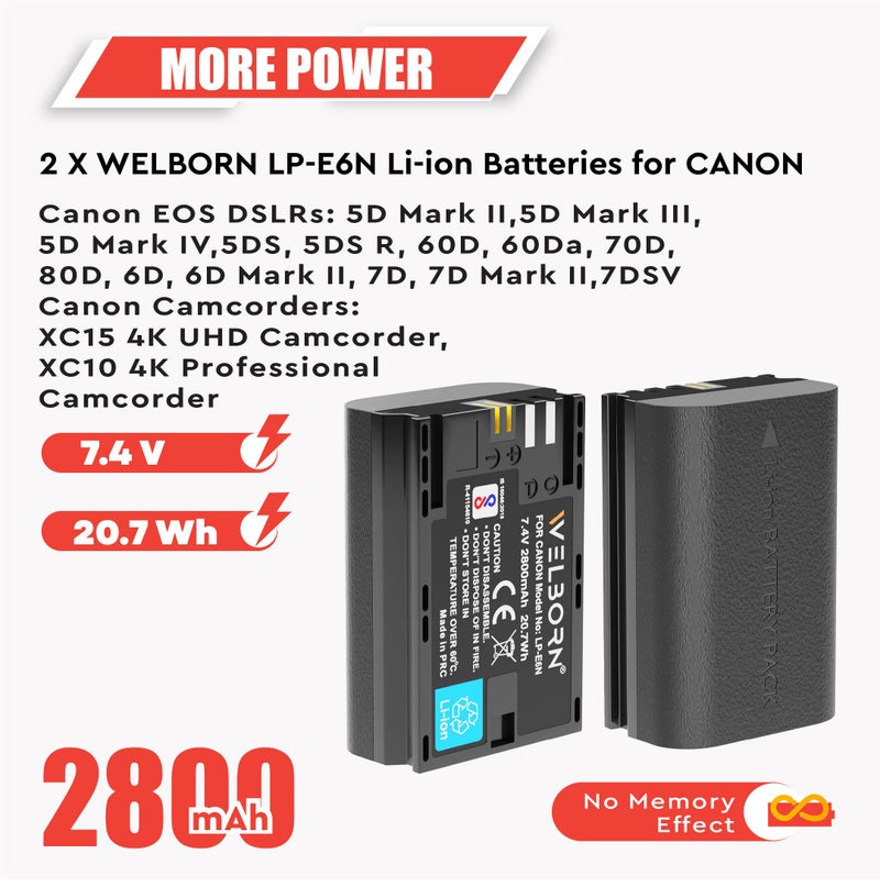WELBORN ويلبورن LP-E6N ثنائي البطارية ومجموعة الشاحن لكاميرات كانون EOS 5D Mark II III IV 5DS 5DS R 6D 60D 6D Mark II 7D 7D Mark I,70D 80D - Image 5