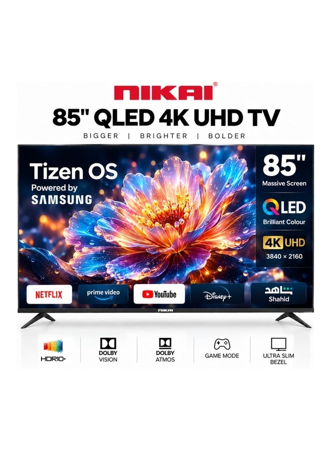 نيكاي NIKAI 85 Inch QLED 4K UHD Smart TV with Samsung Tizen OS, HDR10+, Dolby Vision, Dolby Atmos, Samsung TV Plus, Game Mode, Wi-Fi, Bluetooth, Apple AirPlay & HDMI | 85QTZNSQLED 85QTZNSQLED black - Image 1