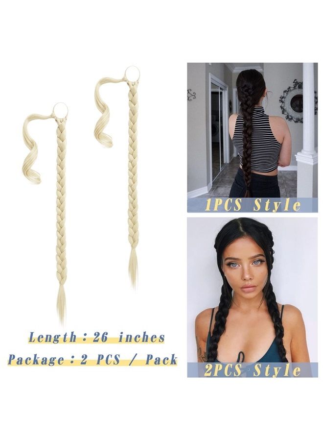 BARSDAR 2PCs 26 Inch Long Braided Ponytail Extension with Hair Tie Straight Wrap Around Hair Extensions Pony Tail DIY Natural Soft Synthetic Hair Piece for Women Girls-Buttery Blonde - Image 3