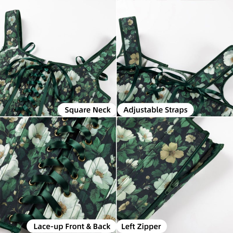 Scarlet Darkness Renaissance Corset Top for Women Boned Lace-up Overbust Bustier Corsets Green White Floral Size 10 - Image 4
