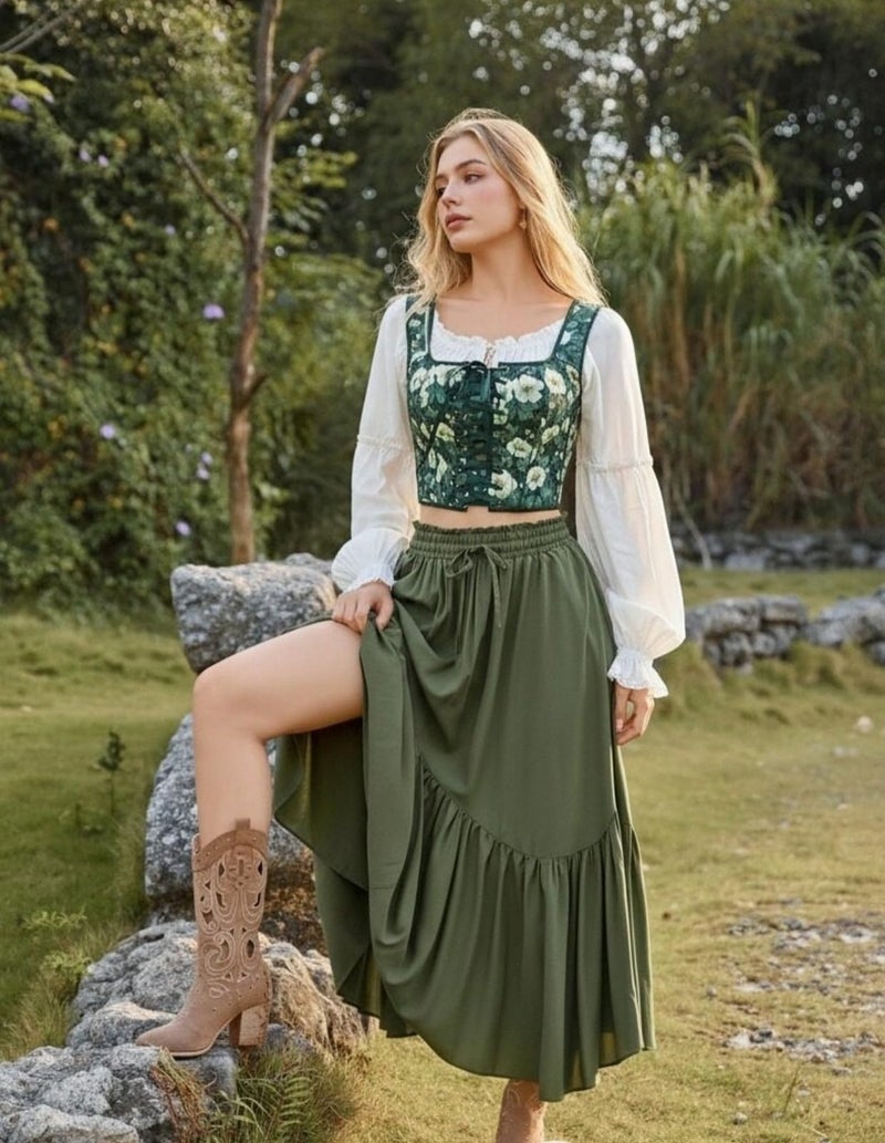 Scarlet Darkness Renaissance Corset Top for Women Boned Lace-up Overbust Bustier Corsets Green White Floral Size 10 - Image 3