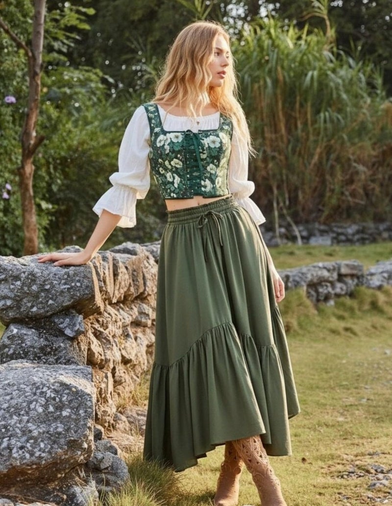 Scarlet Darkness Renaissance Corset Top for Women Boned Lace-up Overbust Bustier Corsets Green White Floral Size 10 - Image 2