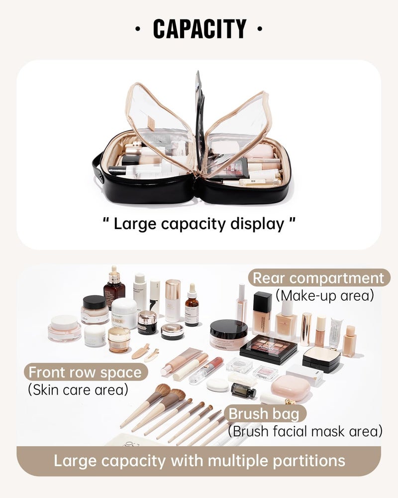 EACHY Travel Makeup Bag, Large Capacity Cosmetic Bags for Women, Waterproof PU Leather Make Up Bag with Makeup Brush Organizer, Black, Large, Fashion - Image 4