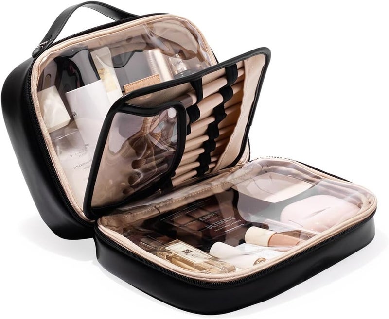 EACHY Travel Makeup Bag, Large Capacity Cosmetic Bags for Women, Waterproof PU Leather Make Up Bag with Makeup Brush Organizer, Black, Large, Fashion - Image 1