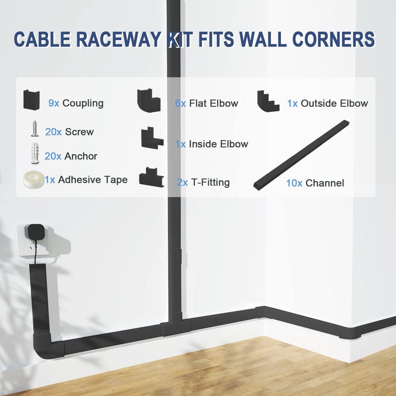 Bestong Cord Cover Raceway Kit - 157" Cable Concealer, Wire Hider for TV Wall Mounting and Wire Management, Black - Image 5
