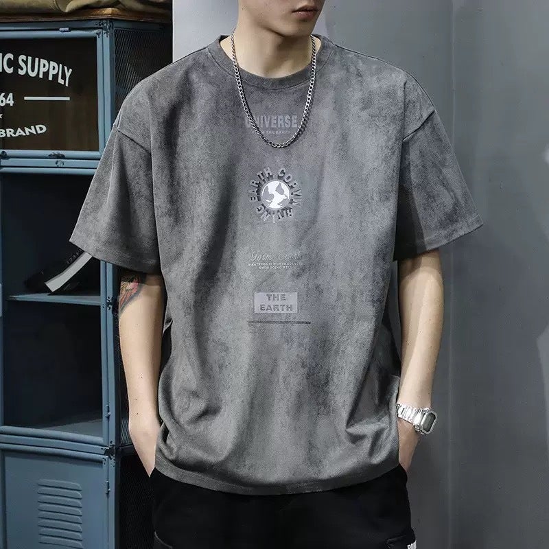 American Heavyweight Short-Sleeved T-Shirt Men'S Summer High-End Loose Trendy Brand Half-Sleeved Printed Suede American Retro - Image 3