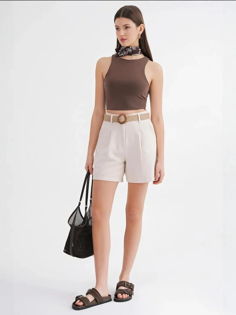 MixRay Natural Mixray High-Waisted Shorts with Belt Detail for Women | Best Price UAE