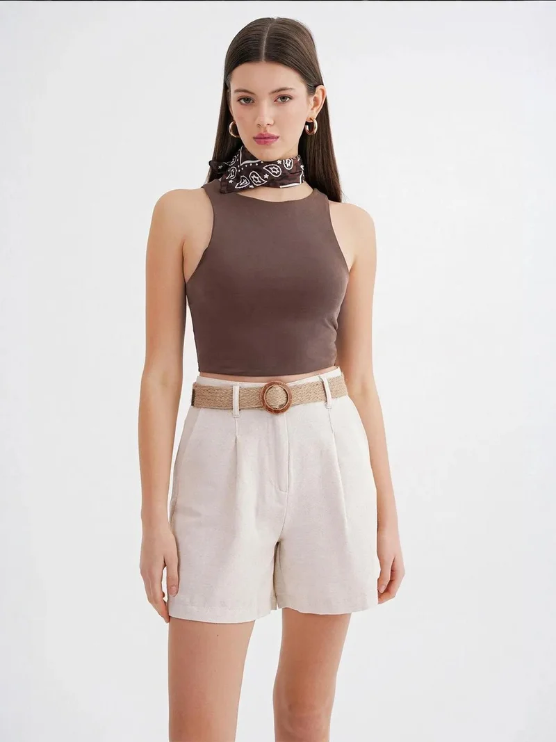 MixRay Natural Mixray High-Waisted Shorts with Belt Detail for Women | Best Price UAE