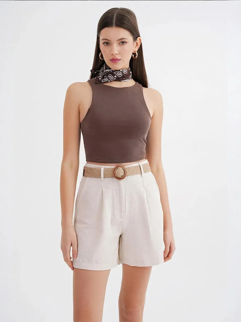 MixRay Natural Mixray High-Waisted Shorts with Belt Detail for Women | Best Price UAE