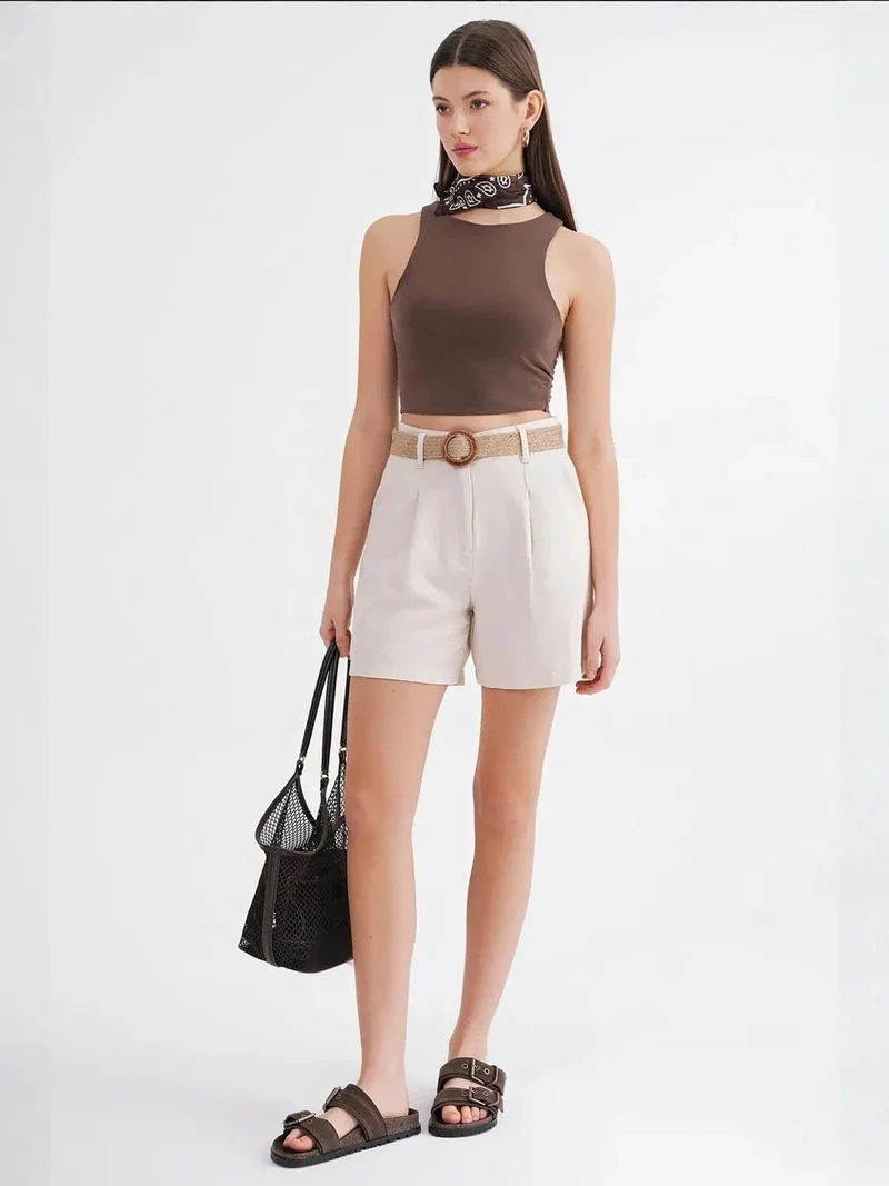MixRay Natural Mixray High-Waisted Shorts with Belt Detail for Women | Best Price UAE