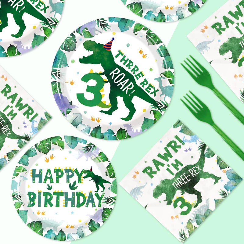 Grencian 96 PCS Dinosaur 3rd Birthday Party Supplies 350 GSM 3 Rex Dinosaur Plates and Napkins Tableware Set for Three Rex Birthday Decorations Boy Dinosaur 3 Year Old Birthday Party Decorations Serves 24 - Image 4