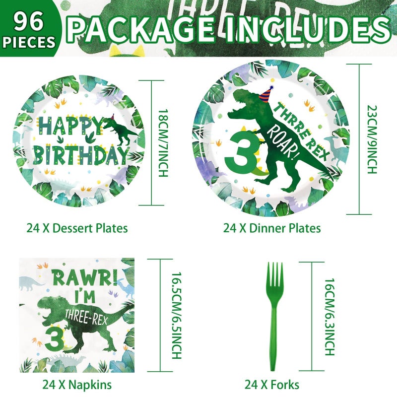 Grencian 96 PCS Dinosaur 3rd Birthday Party Supplies 350 GSM 3 Rex Dinosaur Plates and Napkins Tableware Set for Three Rex Birthday Decorations Boy Dinosaur 3 Year Old Birthday Party Decorations Serves 24 - Image 1