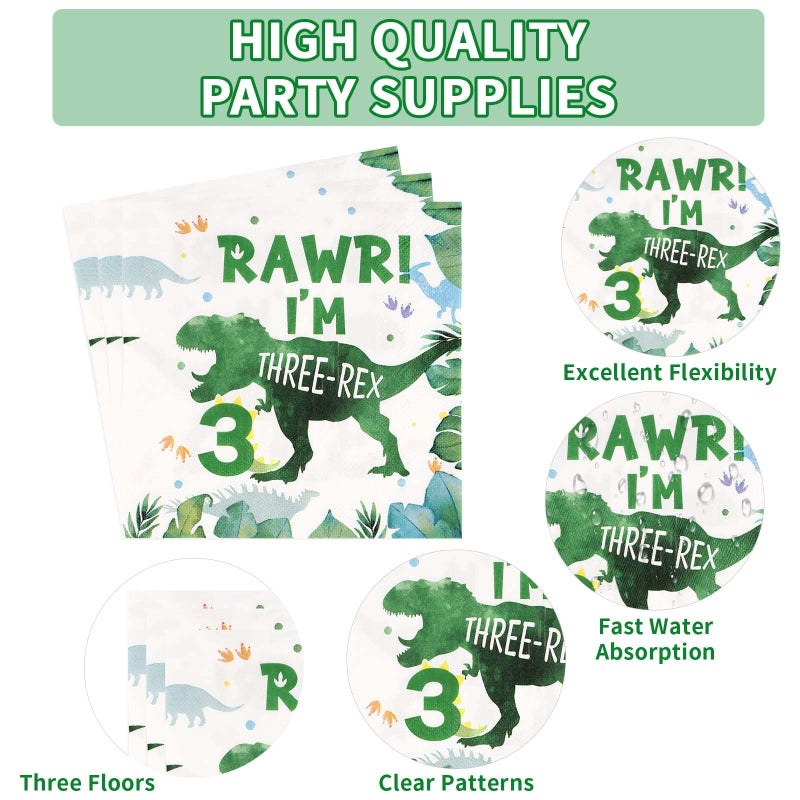 Grencian 96 PCS Dinosaur 3rd Birthday Party Supplies 350 GSM 3 Rex Dinosaur Plates and Napkins Tableware Set for Three Rex Birthday Decorations Boy Dinosaur 3 Year Old Birthday Party Decorations Serves 24 - Image 3