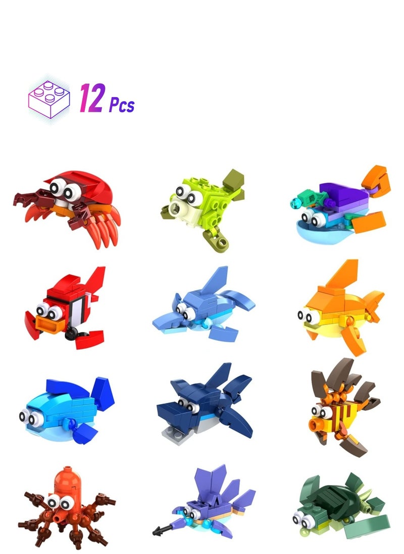 KASTWAVE - 12Pcs Sea Creatures Building Block Set, 12 In 1 Pre Filled Brick Box, Mini Building Block Toy, Building Toy Set, STEM Building Blocks Toy, Classroom Prize Toy, Learning Toy to Develop Fine Motor Skill - Image 1