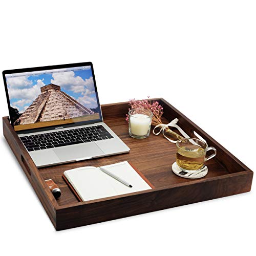 MAGIGO 22 x 22 Inches Large Square Black Walnut Wood Ottoman Tray with Handles, Serve Tea, Coffee or Breakfast in Bed, Classic Wooden Decorative Serving Tray - Image 4